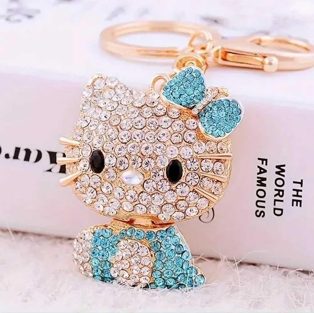 Hello Kitty Rhinestone Keychain Azure Blue and Gold Tone